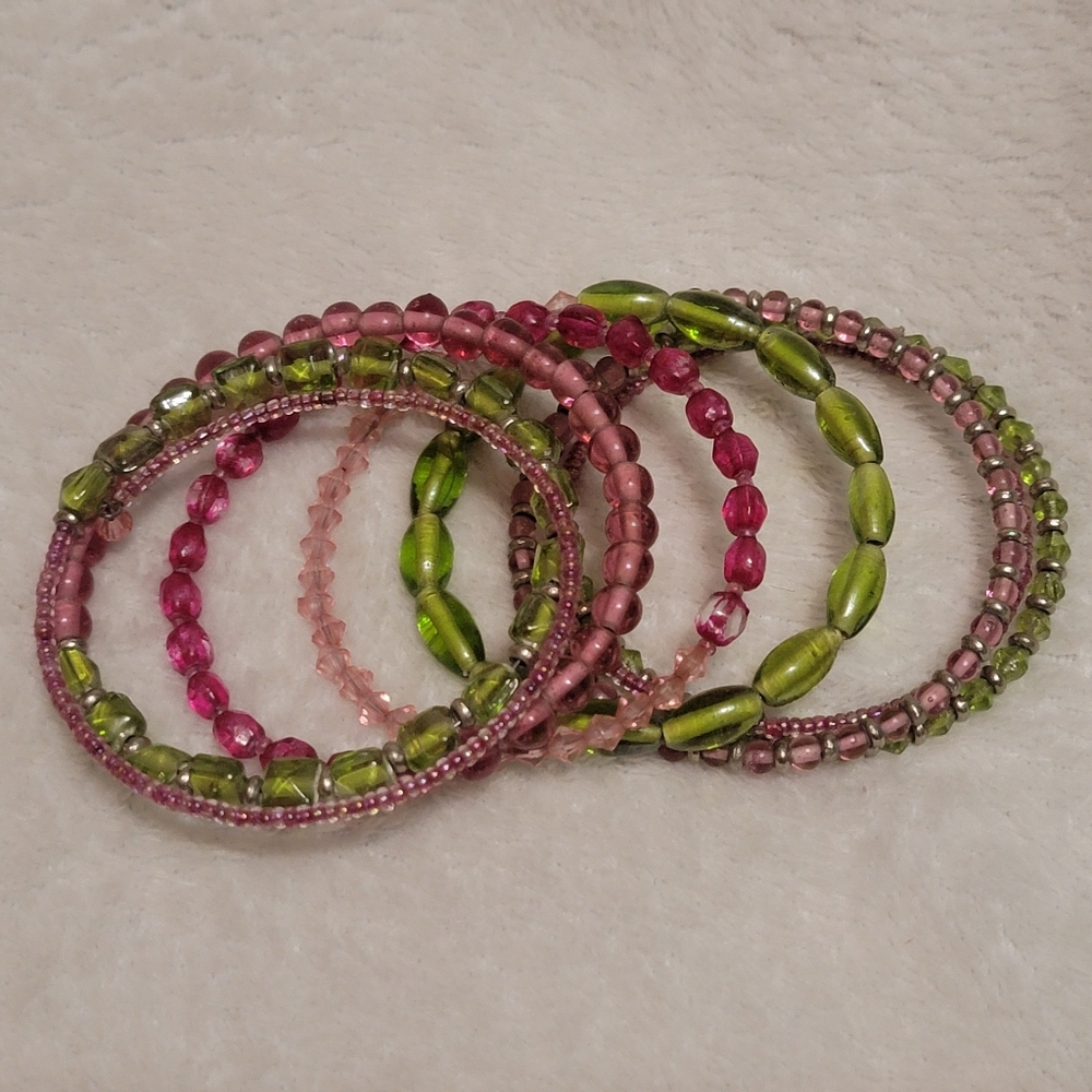 Pink & Green Super Long Beaded Memory Wire Bracelet